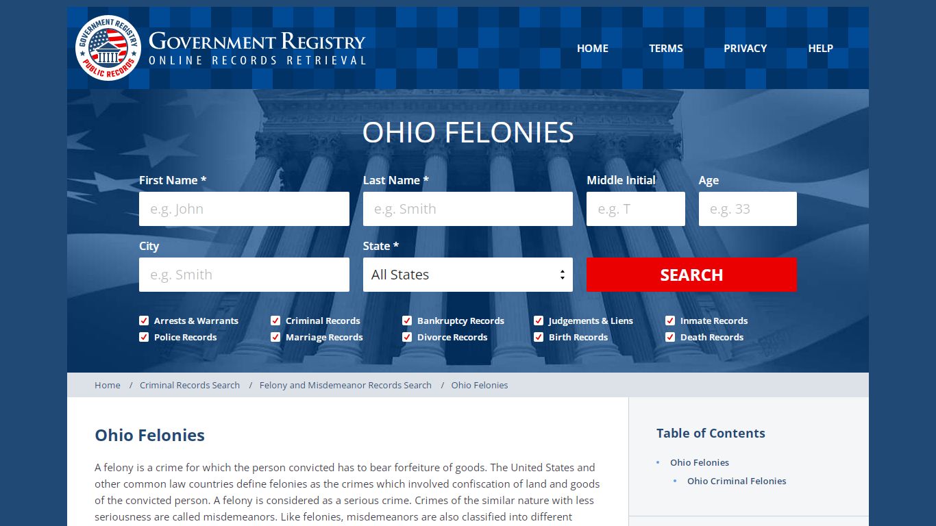 Ohio Felonies | GovernmentRegistry.org